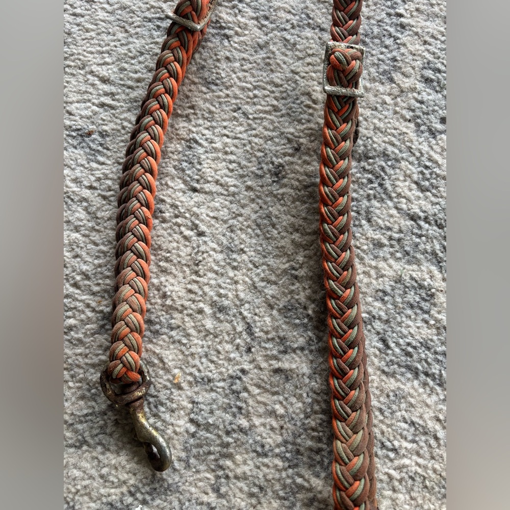 Orange/ blue/ brown knotted braided barrel reins
